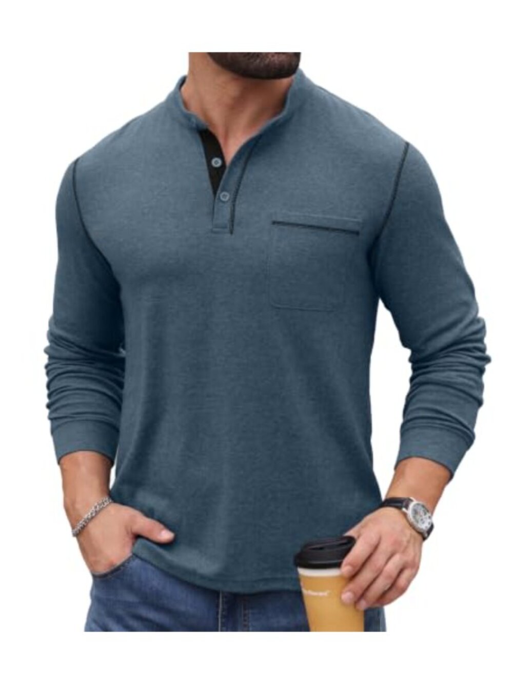 Mens Henley Shirt Long Sleeve Button Pullover Pocket Casual Soft Stretch